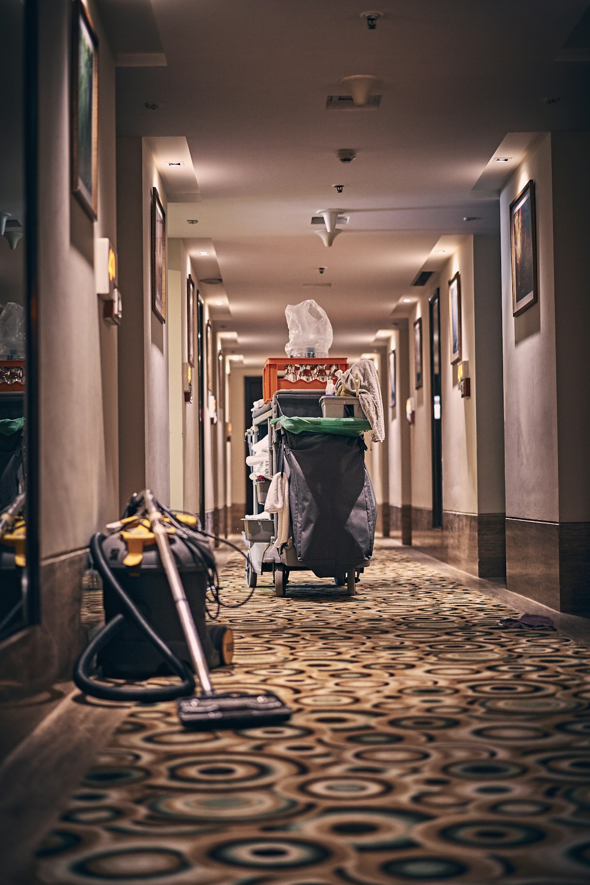 Housekeeping cart in a hotel corridor
